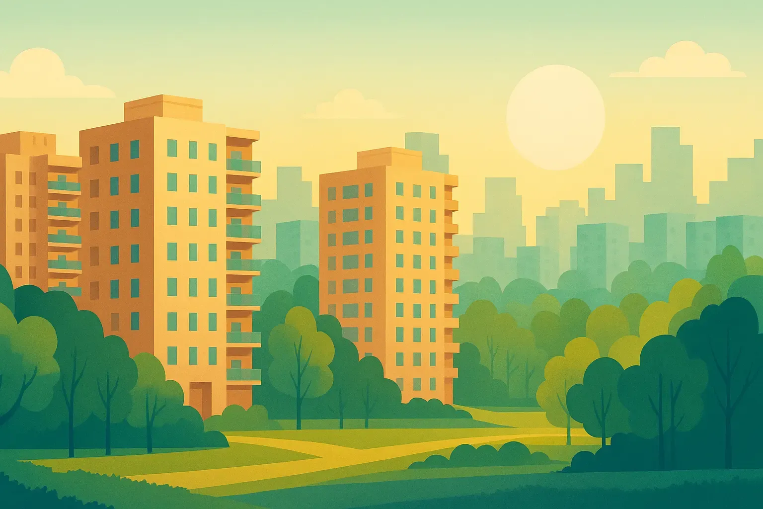 منظره شرق تهران با مجتمع‌های مسکونی و فضای سبز در نور صبحگاهی