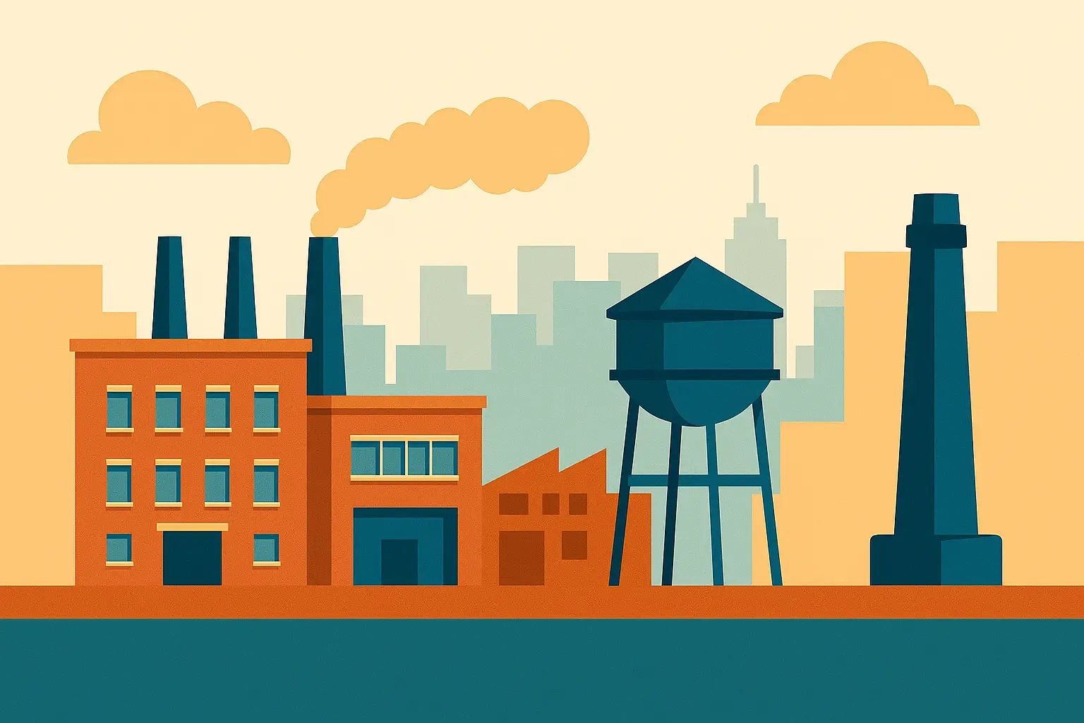 نمای صنعتی جنوب تهران با ساختمان‌های آجری و آسمان گرم