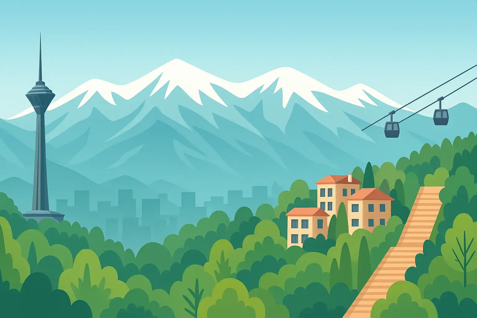 کوه‌های البرز در پس‌زمینه شمال تهران و ساختمان‌های نیاوران و زعفرانیه