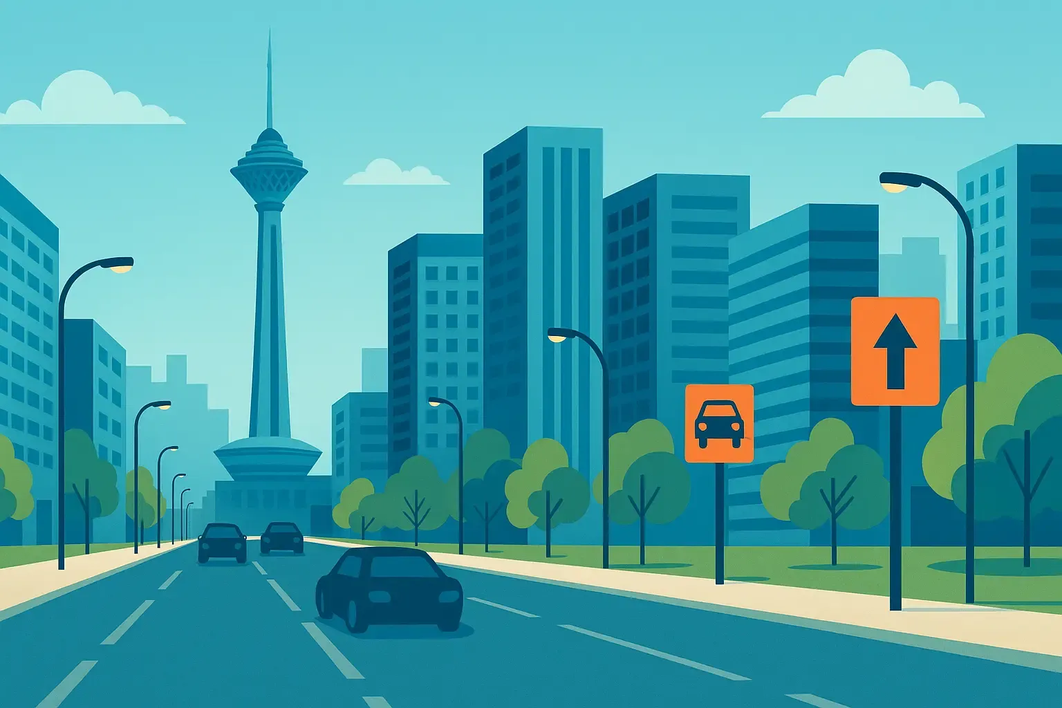 نمای مرکزی تهران با برج میلاد و خیابان ولیعصر در پس‌زمینه شهری